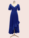 Beautiful Short Sleeves V-Neck Soft Satin Cheap Short Bridesmaid Dresses