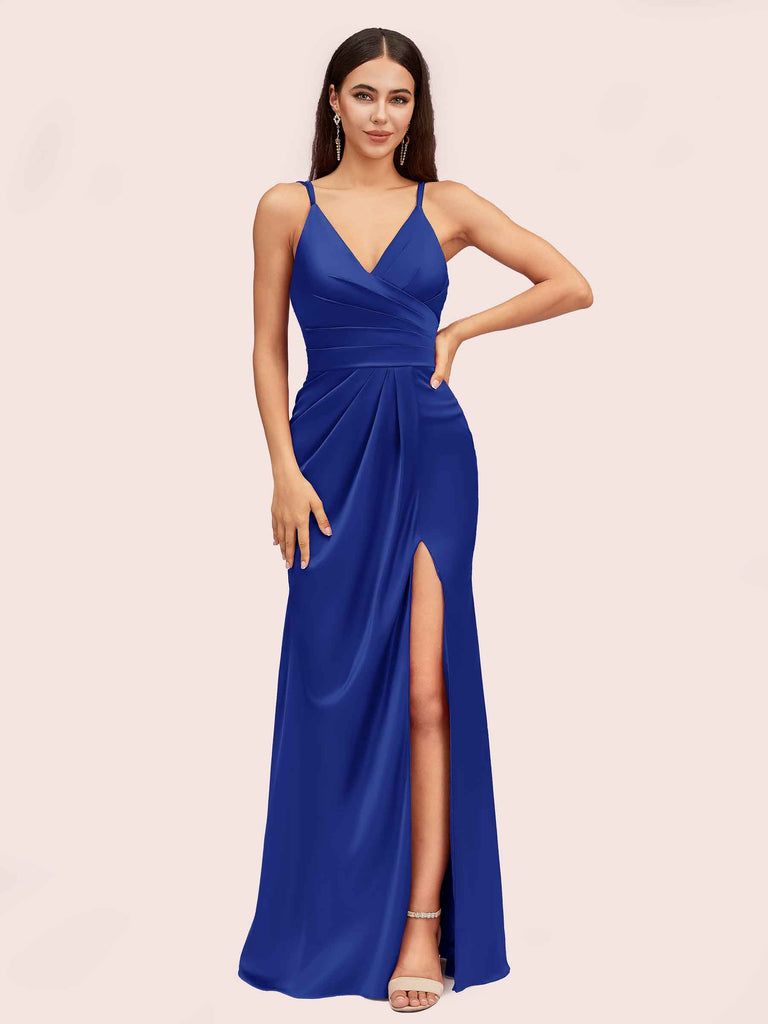 Sexy Spaghetti Straps V-neck Long Silky Soft Satin Bridesmaid Dresses With Slit