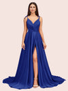 Elegant Spaghetti Straps V-neck Long Soft Satin Side Slit Bridesmaid Dresses