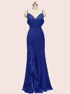 Sexy Mermaid Spaghetti Strap V-neck Long Soft Satin Prom Dresses With Slit