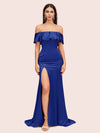 Elegant Soft Satin Off Shoulder Long Mermaid Graduation Prom Dresses With Slit