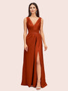 Sexy V-neck Long Side Slit Silk Satin Evening Prom Dresses Online