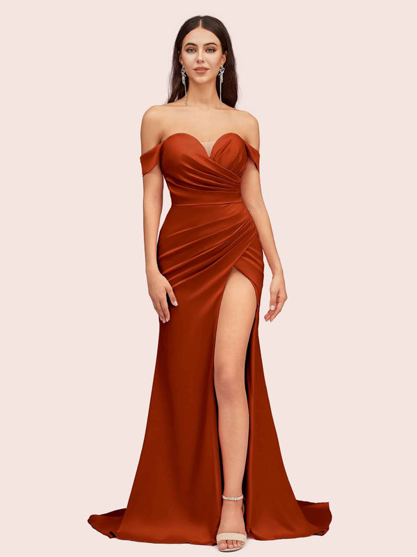 Sexy Side Slit Off Shoulder Long Silky Satin Mermaid Formal Prom Dresses Online