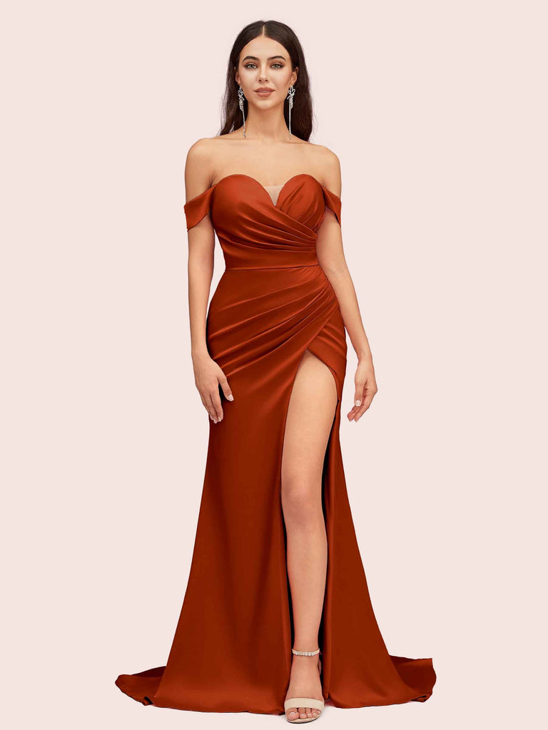 Sexy Side Slit Off Shoulder Long Silky Satin Mermaid Formal Prom Dresses Online Sexy Side Slit Off Shoulder Long Silky Satin Mermaid Formal Prom Dresses Online