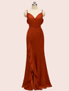 Sexy Mermaid Spaghetti Strap V-neck Long Soft Satin Prom Dresses With Slit