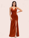 Sexy Spaghetti Straps V-neck Long Silky Soft Satin Formal Prom Dresses With Slit