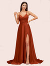Elegant A-line Spaghetti Straps Long Soft Satin Bridesmaid Dresses With Slit