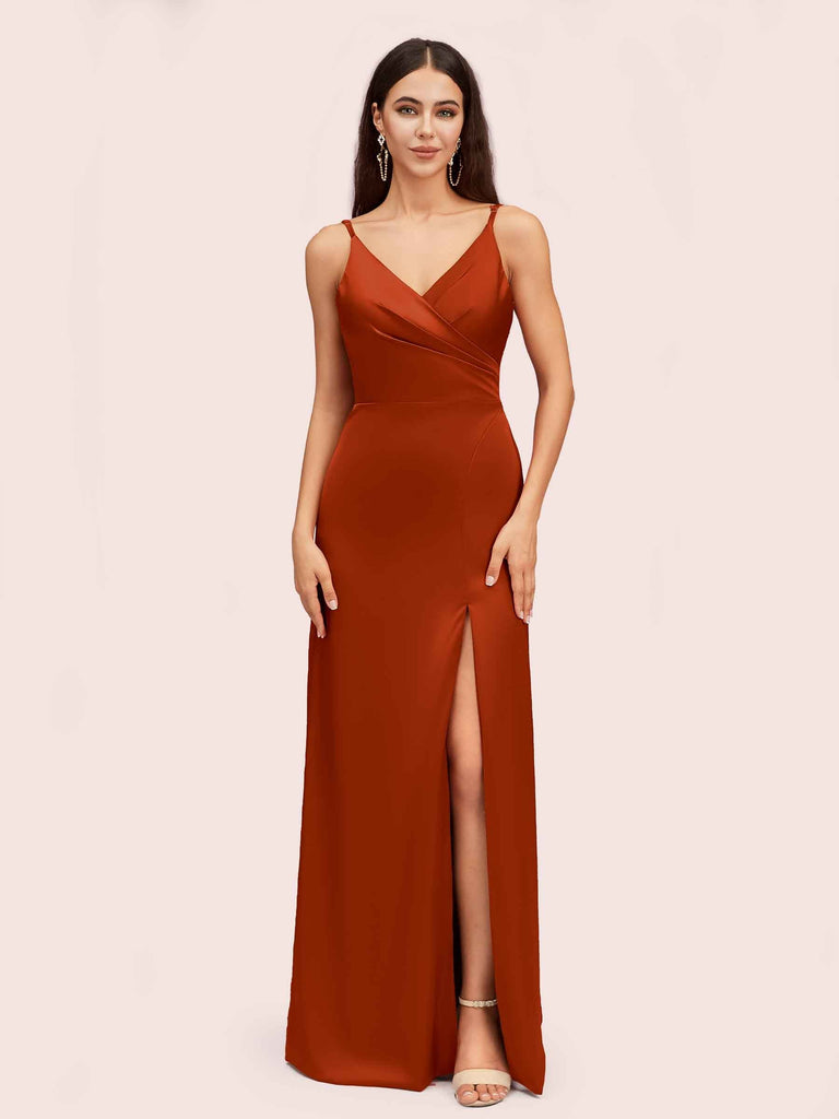 Simple Soft Satin Sexy Spaghetti Straps Long Side Slit Mermaid Graduation Prom Dresses