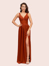 Sexy V Neck Long Soft Satin Side Slit Graduation Prom Dresses Online