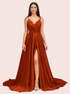 Elegant Spaghetti Straps V-neck Long Soft Satin Side Slit Bridesmaid Dresses