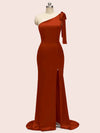 Sexy Mermaid One Shoulder Long Stretch Satin Formal Prom Dresses With Slit