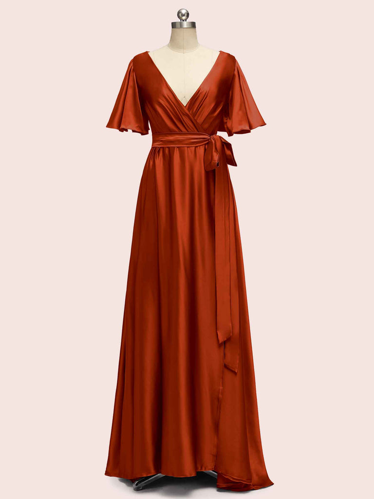 Cetims Elegant V Neck A Line Floor Length Soft Satin Bridesmaid Dress with Short Sleeves Ideal for Wedding Guests Rust Cetims Elegant V Neck A Line Floor Length Soft Satin Bridesmaid Dress with Short Sleeves Ideal for Wedding Guests Rust