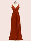 Elegant V-neck Floor Length Long Soft Satin Bridesmaid Dresses With Slit