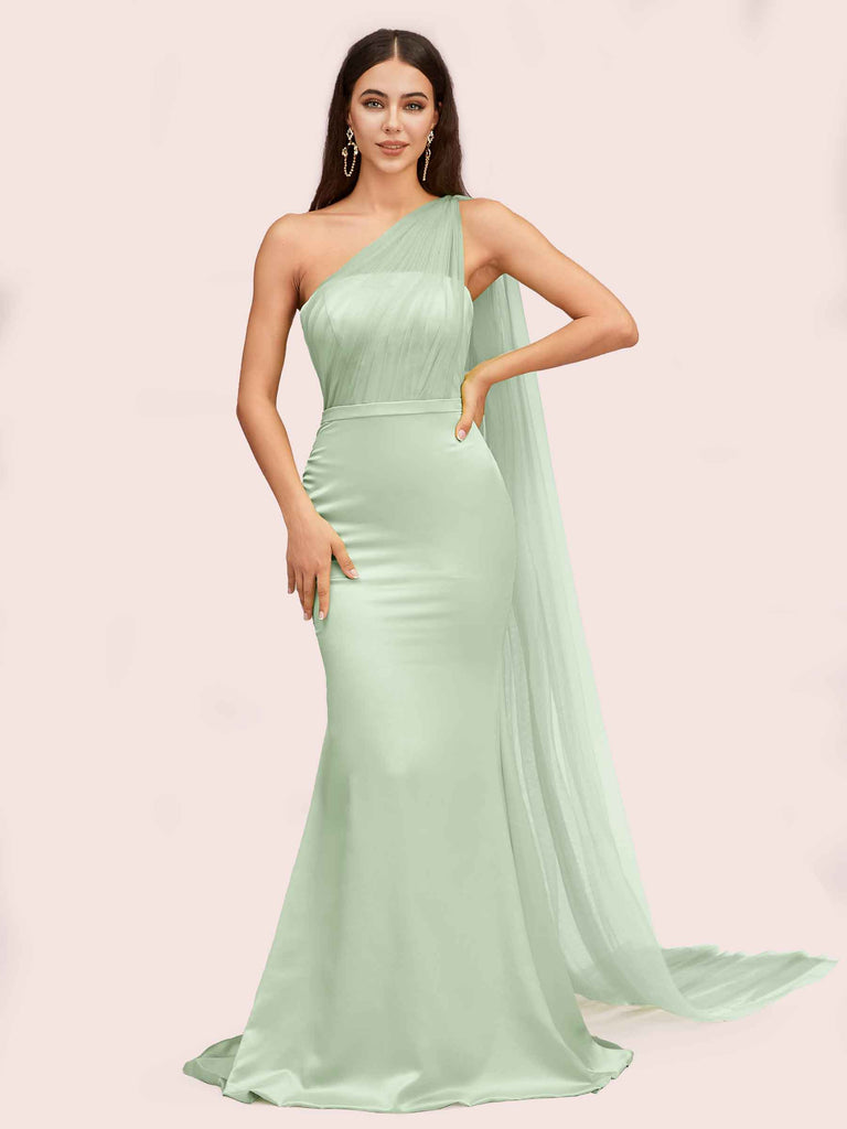 Unique Mermaid One Shoulder Long Soft Satin Bridesmaid Dresses With Tulle