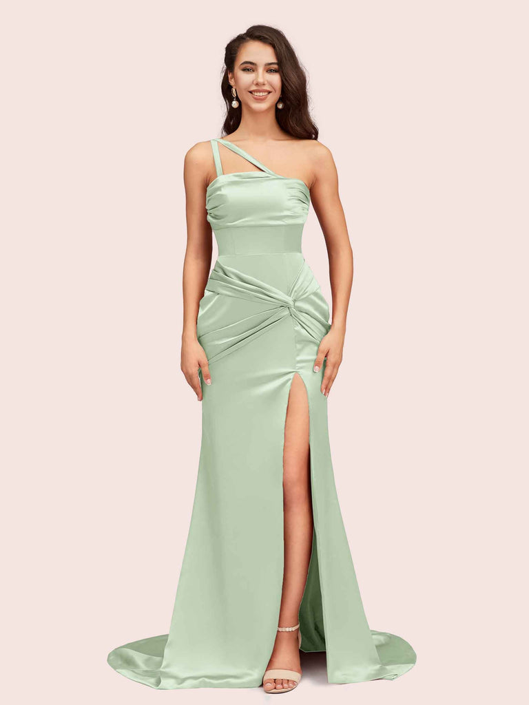 Sexy Mermaid One Shoulder Unique Side Slit Soft Satin Evening Prom Dresses Online