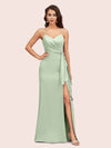 Sexy Spaghetti Straps V-neck Long Mermaid Satin Graduation Prom Dresses With Slit