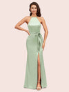 Sexy Mermaid Halter Long Silky Satin Party Prom Dresses With Slit
