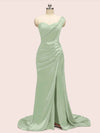 Sexy One Shoulder Long Soft Satin Mermaid Party Prom Dresses With Slit