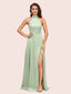 Elegant A-line High Neck Long Side Split Long Soft Satin Bridesmaid Dresses