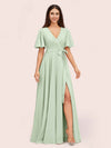 Elegant A-line V-neck Short Sleeves Long Bridesmaid Dresses With Slit
