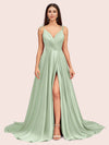 Elegant Spaghetti Straps V-neck Long Soft Satin Side Slit Bridesmaid Dresses