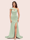 Sexy Mermaid One Shoulder Long Soft Satin Evening Prom Dresses With Slit