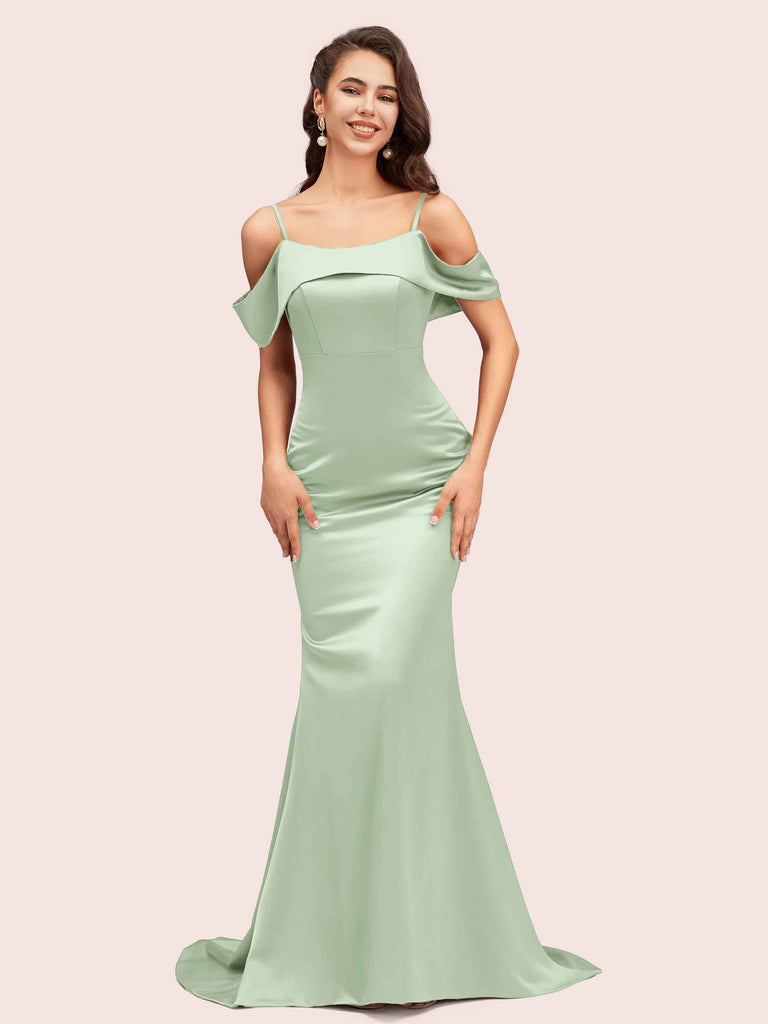 Sexy Mermaid Cold Shoulder Long Soft Satin Party Prom Dresses For Women