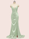 Elegant Spaghetti straps V-neck Mermaid Long Silky Satin Bridesmaid Dresses Online