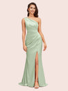 Elegant One Shoulder Mermaid Side Slit Soft Satin Bridesmaid Dresses For Sale