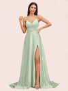 Elegant A-line Spaghetti Straps Long Soft Satin Bridesmaid Dresses With Slit For Sale
