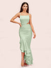 Sexy Unique Mermaid Spaghetti Straps Asymmetrical Soft Satin Formal Prom Dresses