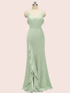 Sexy Mermaid Spaghetti Strap V-neck Long Soft Satin Prom Dresses With Slit