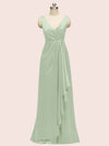 Elegant V-neck Floor Length Long Soft Satin Bridesmaid Dresses With Slit