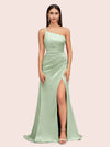 Sexy Soft Satin One Shoulder Side Slit Silky Long Mermaid Prom Dresses Online
