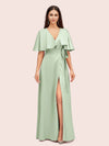 Elegant Bat Sleeves V-neck Side Slit Long Soft Satin Party Prom Dresses 2023