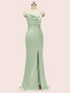 Sexy Cowl Neck Spaghetti Straps Mermaid Long Soft Satin Bridesmaid Dresses With Slit