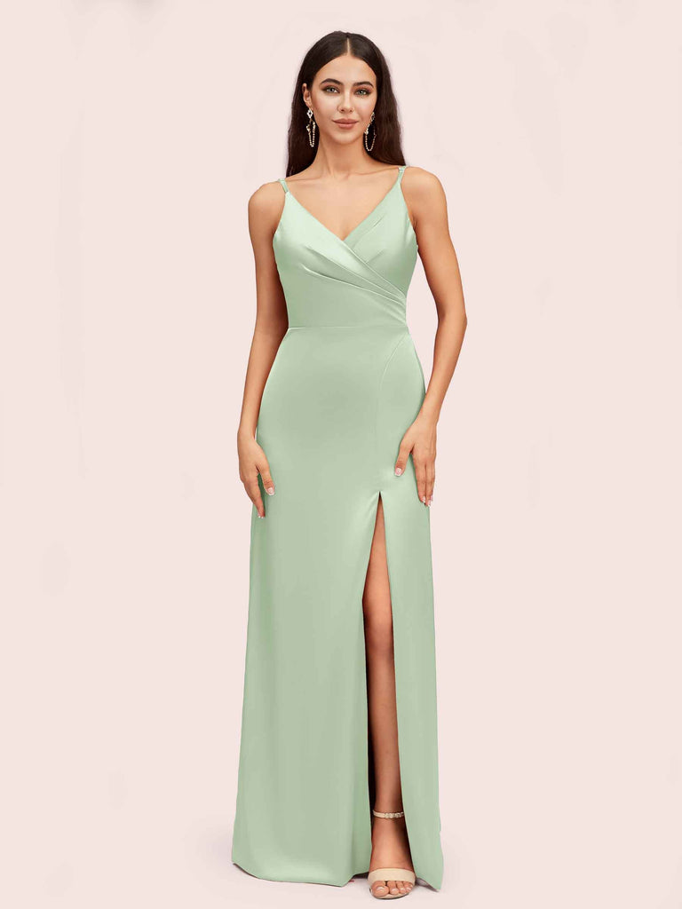 Simple Soft Satin Sexy Spaghetti Straps Long Side Slit Mermaid Graduation Prom Dresses