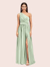 Sexy A-Line One Shoulder Long Side Slit Soft Satin Bridesmaid Dresses