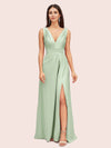 Sexy V-neck Long Side Slit Silk Satin Evening Prom Dresses Online