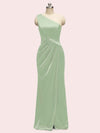 Elegant One Shoulder Long Soft Satin Mermaid Evening Prom Dresses With Slit