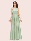 Sexy Backless Halter Simple Long Satin Graduation Prom Dresses With Bow