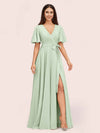 Elegant V-neck Short Sleeves Long Soft Satin Party Prom Dresses With Slit