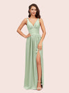 Sexy V Neck Long Soft Satin Side Slit Graduation Prom Dresses Online