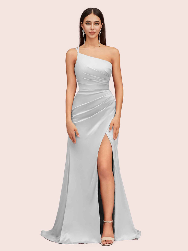 Soft Satin One Shoulder Side Slit Silky Long Mermaid Bridesmaid Dresses Online