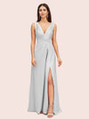 Sexy V-neck Long Side Slit Soft Satin Bridesmaid Dresses Online