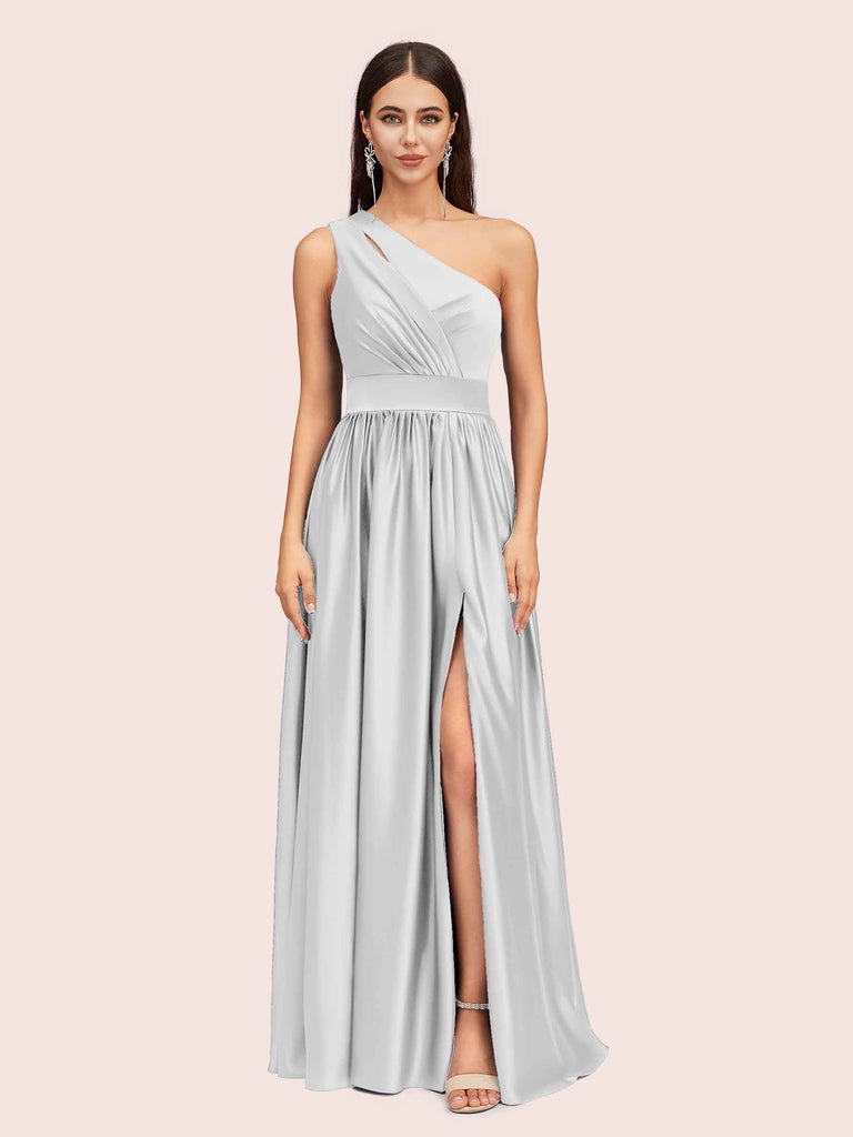 Sexy A-Line One Shoulder Long Side Slit Soft Satin Bridesmaid Dresses