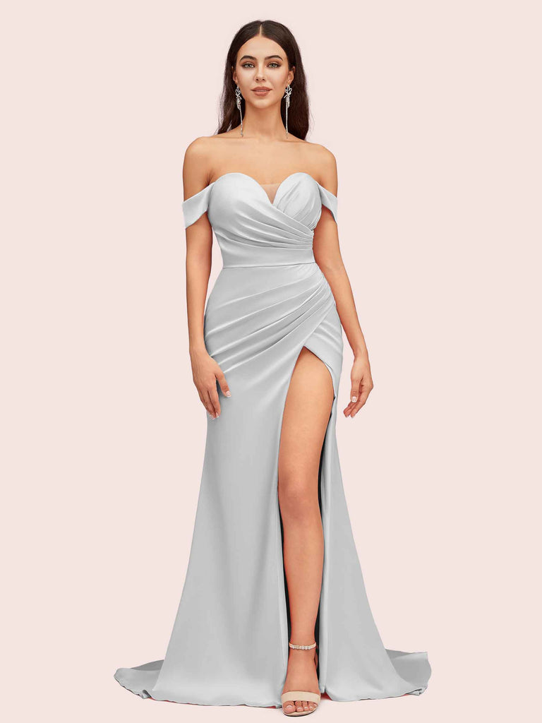 Sexy Side Slit Off Shoulder Long Soft Satin Mermaid Bridesmaid Dresses Sexy Side Slit Off Shoulder Long Soft Satin Mermaid Bridesmaid Dresses