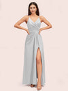Modern Spaghetti Straps V-neck Side Slit Long Satin Bridesmaid Dresses With Slit