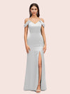 Sexy Cold Shoulder V-Neck Side Slit Mermaid Long Soft Satin Evening Prom Dresses