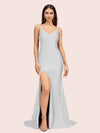 Simple Mermaid Spaghetti Straps Side Slit Long Soft Satin Formal Prom Dresses 2023